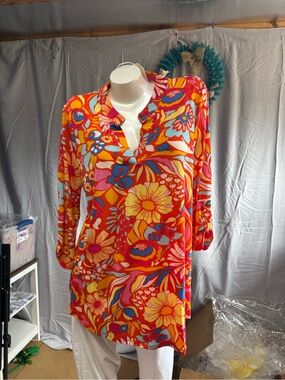 Dear Scarlett Plus size Orange Floral Tunic with Pink, Yellow & Blue Accents